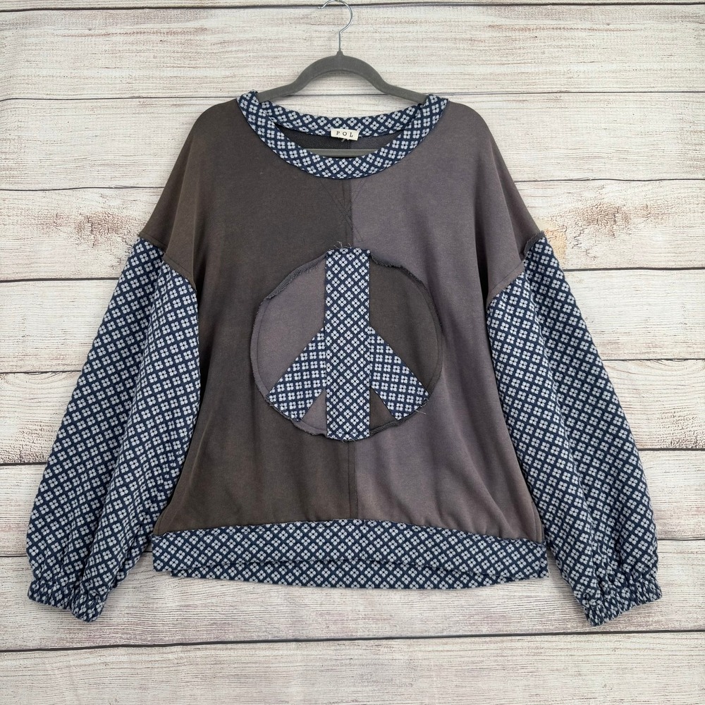 POL Peace Sign Sweatshirt Womens M Gray Floral Boho Oversized Pullover